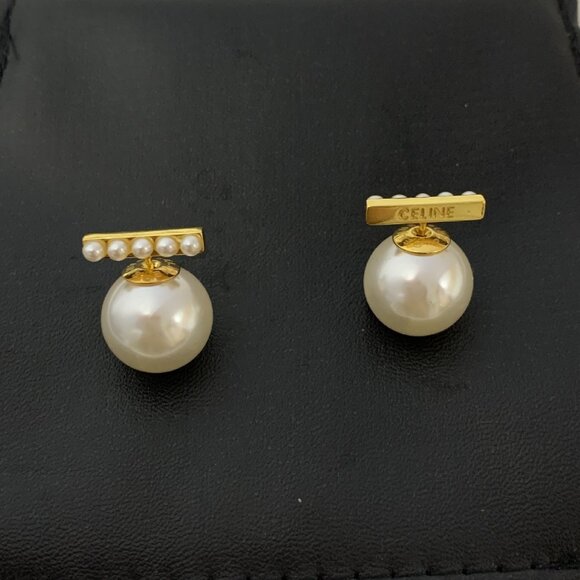 Celine Earrings in Brass with Gold Finish and Glass Pearls - Picture 1 of 4
